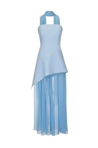 Detailed view of elegant light blue asymmetrical two-piece strapless maxi dress set