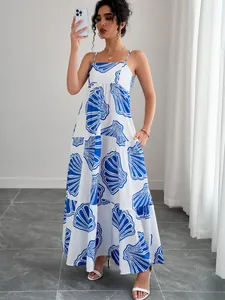 Damen Casual Spaghettiträger Gestuft Maxi Kleid Blau Muscheldruck Strandurlaub Ärmellos Eckiger Ausschnitt A-Linie Langes Kleid