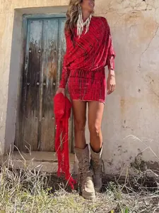 Red tie-dye boat neck batwing sleeve bodycon mini dress for a bohemian summer look