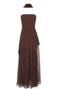 Elegant brown two-piece strapless dress with asymmetrical hem and matching scarf detail