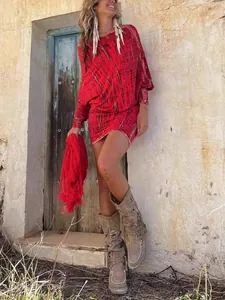 Bohemian off-the-shoulder batwing sleeve tie-dye mini dress with a red and black print