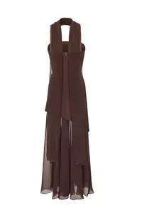 Detailed back view of an elegant brown asymmetric maxi dress with matching sheer scarf