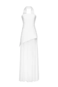 Detailed view of white 2-piece gown set with asymmetrical top and pleated skirt