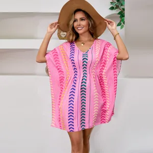 Bohemian pink printed V-neck summer dress cover-up featuring vibrant chevron patterns