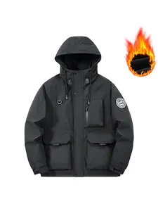 Black men's hooded winter parka jacket with warm fleece lining and multi-pocket design