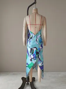 Back view of a satin halter maxi dress with vibrant blue and green abstract prints