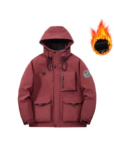 Men's warm maroon fleece lined hooded jacket with multi-pockets for winter outdoor wear.
