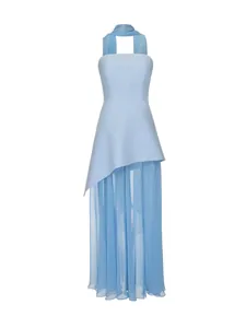Elegant light blue two-piece asymmetric strapless evening dress with a matching neck scarf