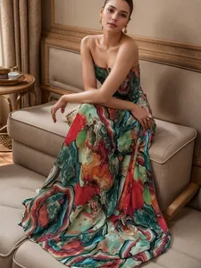Elegant strapless maxi dress with colorful abstract marble print for women's party wear