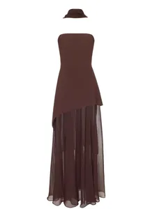 Elegant brown two-piece strapless maxi dress with asymmetrical sheer hem and matching scarf