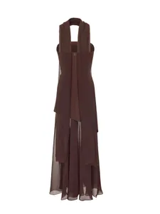 Elegant 2-piece asymmetrical chocolate brown strapless backless maxi dress with scarf