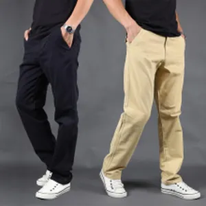 Men's casual straight-leg chino trousers in khaki and navy blue cotton fabric, classic fit