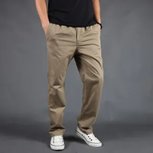 Classic khaki cotton straight-leg casual trousers for men with elastic waist detail