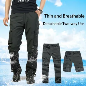 Detail showing men's dark gray detachable cargo pants converted into shorts feature.