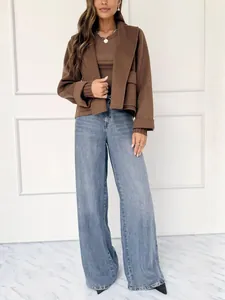 Dames Revers Wollen Jas Geribbelde Manchetten Kort Bovenkleding Herfst Chic Losse Mantel Met Zakken Effen Kleur Open Voorkant Top