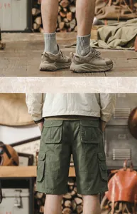 Back detail of men's casual army green cotton cargo shorts with functional flap pockets