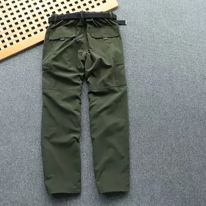 Back view detail of men's army green lightweight quick-dry cargo pants including a belt