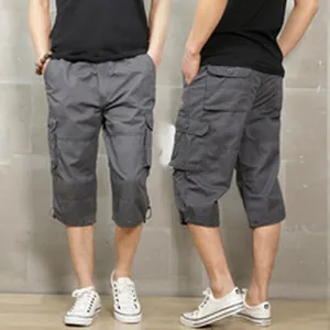Detail view of men's grey cotton multi-pocket cargo shorts showing front and back.