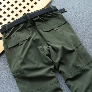 Detailed view of men's quick-dry army green cargo pants with multiple pockets and belt.