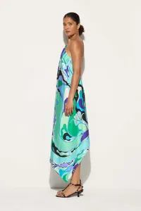 Vibrant halter neck irregular satin dress featuring a swirling retro print pattern