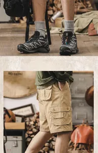 Detailed macro view of men's khaki cotton cargo shorts with functional side pockets