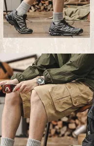 Detailed view of khaki cotton cargo shorts for men featuring functional side pockets