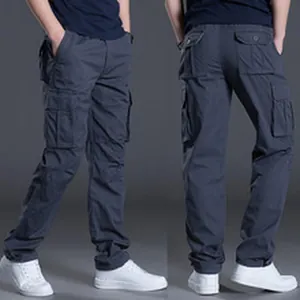 Detailed view of gray men's multi-pocket cargo pants showing the front and back styles