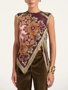 Vintage mouwloze overslagtop met onregelmatige franjes en een oosterse bloemenprint