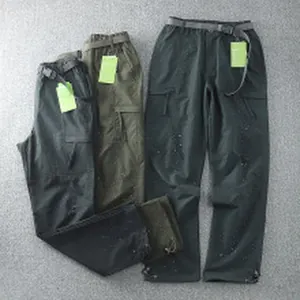 Multi-pocket cargo pants with belt and drawstring cuffs for men outdoor casual wear