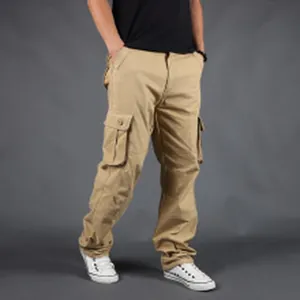 Detailed side view of men's khaki cargo pants featuring large functional side pockets