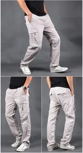 Detailed views of men's loose cargo pants featuring multiple utility pockets and grey finish