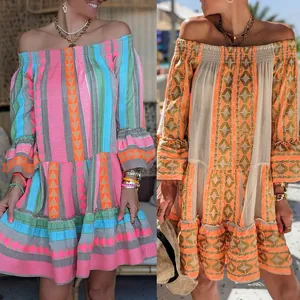 Women Bohemian Off Shoulder Bell Sleeve Mini Dress Geometric Patchwork Printed Tiered Smocked Vacation Beach Top And Bottom