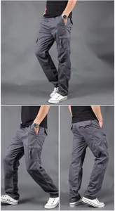 Men's grey multi-pocket cargo pants in a loose straight fit for casual daily outdoor wear
