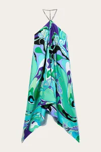 Detailed view of a vibrant green and purple printed satin halter neck irregular hem maxi dress