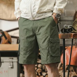Men's Summer Cotton Cargo Shorts American Retro Casual Straight Fit Five-Point Shorts Multi-Pocket Solid Color Work Shorts