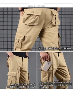 Detail view of men's khaki cargo pants with functional 6-pocket design and relaxed fit.