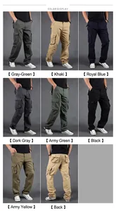 Multi-pocket men's cargo pants shown in various colors like khaki, black and green