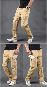 Close-up of functional side cargo pocket on khaki straight leg men's work pants