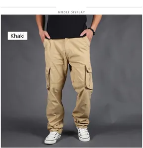 Detail view showing men's khaki multi-pocket straight leg cargo pants on a model