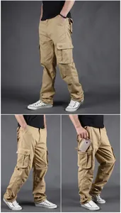 Detailed view of men's khaki cargo pants featuring large side pockets for storage.