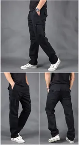 Detail views of men's black straight leg cargo pants featuring multiple utility pockets