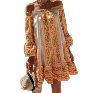 Boho off-shoulder flared sleeve tiered mini dress with geometric pattern for vacation