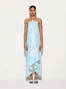 Women Halter Neck Irregular Hem Satin Maxi Dress Elegant Backless Swirl Print Sleeveless Party Vacation Summer Long Dress