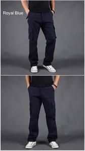Front and side view of men's loose fit navy blue multi-pocket cargo pants on a model
