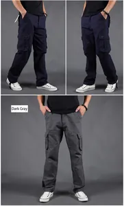 Men's multi-pocket cargo pants in dark gray and navy blue straight leg style