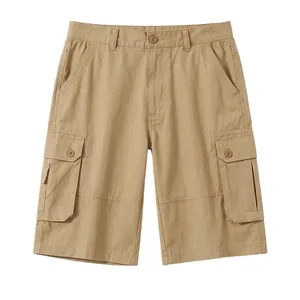 Men's minimalist khaki cotton cargo shorts featuring side pockets and button details