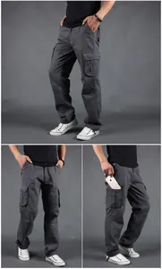 Detailed multi-angle views of grey multi-pocket cargo pants for men in loose fit
