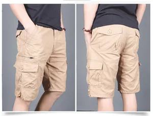 Vues détaillées avant et arrière du short cargo kaki pour homme avec plusieurs poches
