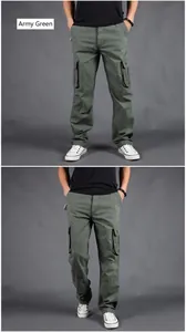 Detailed front and side view of men's loose fit army green multi-pocket cargo pants