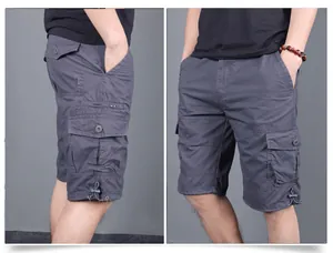 Détail des shorts cargo gris avec plusieurs poches et cordons de serrage ajustables